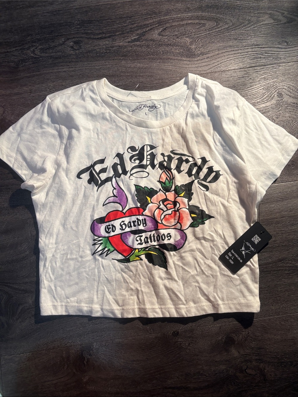 Ed Hardy White Tattoo Heart & Rose Graphic Tee